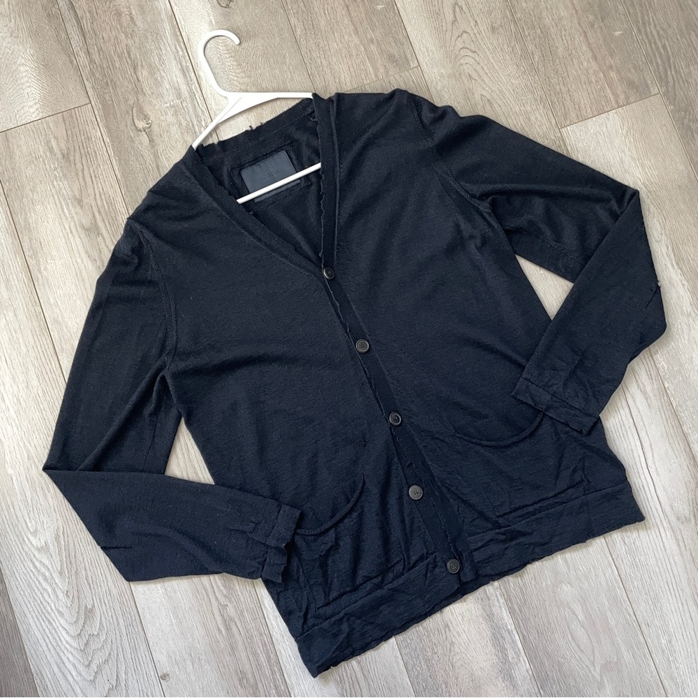 Umit Benan Cardigan Sweater cashmere silk distressed mens Navy Blue (size 48)